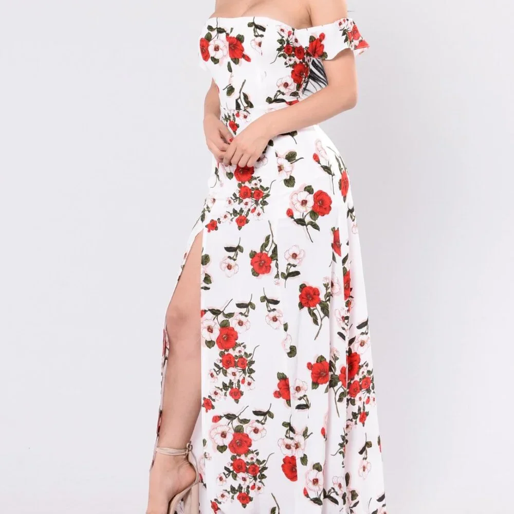 Off Shoulder Floral Maxi Dress with Side Slit - Picture 2 of 3